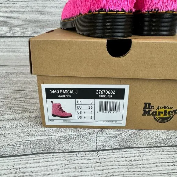 Dr. Martens Girl's Pink 1460 Tinsel Faux Fur Fuzzy Boots Size 4