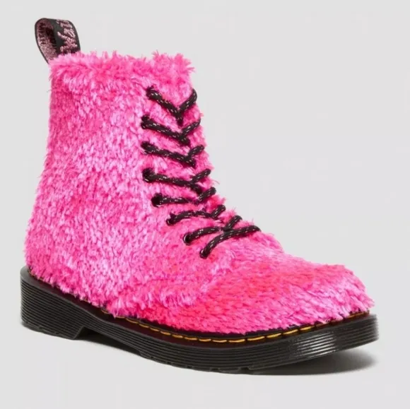 Dr. Martens Junior 1460 Pascal Tinsel Fur Lace Up Pink Boots Size 2 NWOT