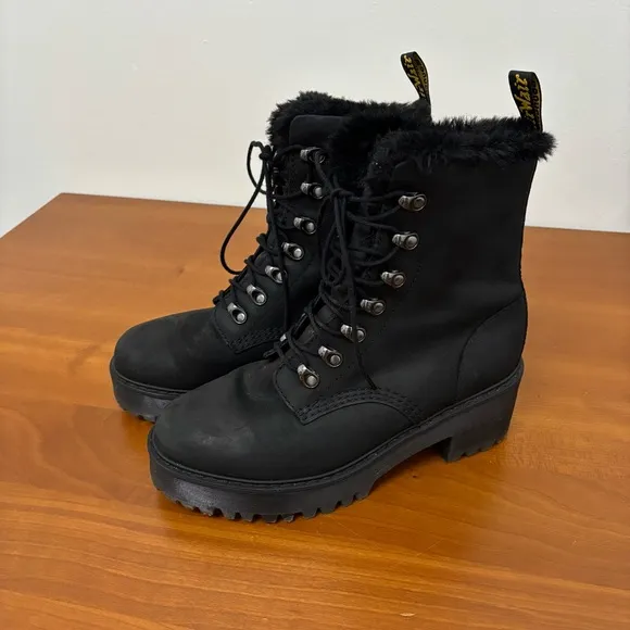 Dr Martens Leona Faux Fur Platform Leather Boots Womens 8 Lace Up Heel Black