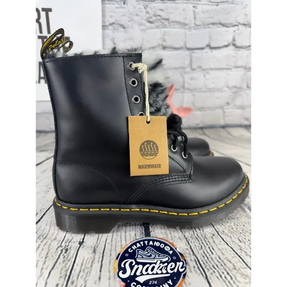 Dr Martens Serena Combat Boots Womens Size 9 Black Faux Fur Tongue Animal Print7
