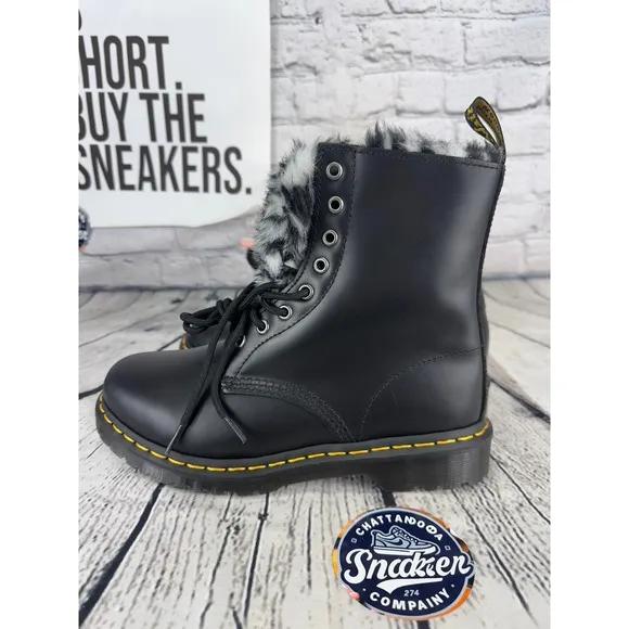 Dr Martens Serena Combat Boots Womens Size 9 Black Faux Fur Tongue Animal Print7