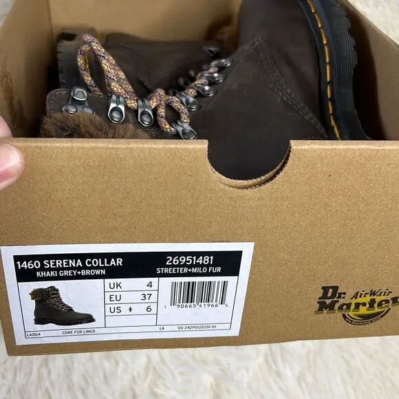 Dr. Martens Women's Serena Collar Streeter Faux Fur Winter Boots Gray Brown Sz 6