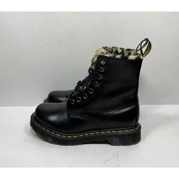 Dr. Martens 1460 Serena Leo Boots Women's Size 6 Black Faux Leopard Fur Lined