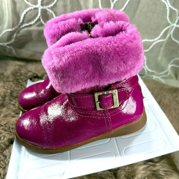 (E) UGG Australia Gemma Hot Pink Leather Fur Boots Kids Rhinestone Buckle