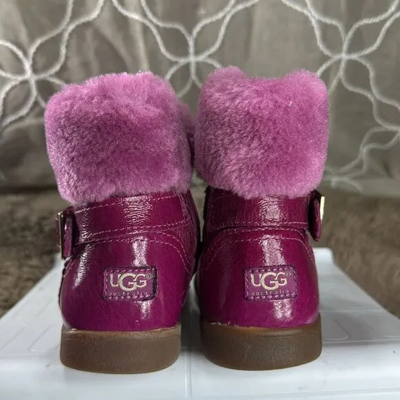 (E) UGG Australia Gemma Hot Pink Leather Fur Boots Kids Rhinestone Buckle