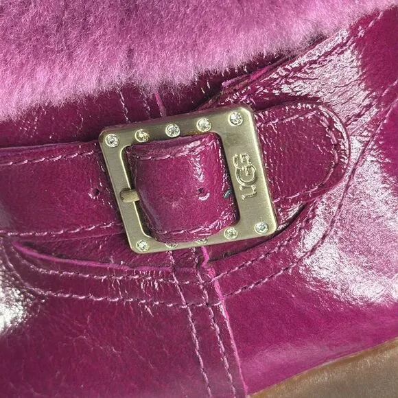 (E) UGG Australia Gemma Hot Pink Leather Fur Boots Kids Rhinestone Buckle
