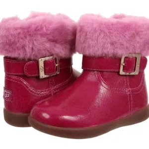 (E) UGG Australia Gemma Hot Pink Leather Fur Boots Kids Rhinestone Buckle