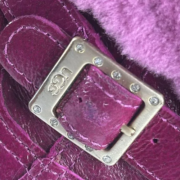 (E) UGG Australia Gemma Hot Pink Leather Fur Boots Kids Rhinestone Buckle