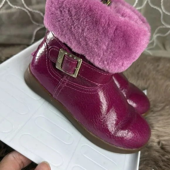 (E) UGG Australia Gemma Hot Pink Leather Fur Boots Kids Rhinestone Buckle
