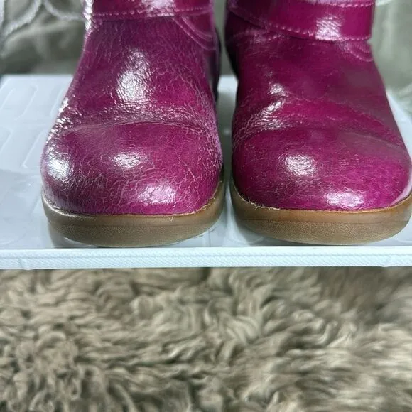(E) UGG Australia Gemma Hot Pink Leather Fur Boots Kids Rhinestone Buckle