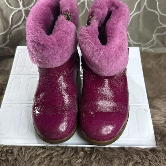 (E) UGG Australia Gemma Hot Pink Leather Fur Boots Kids Rhinestone Buckle