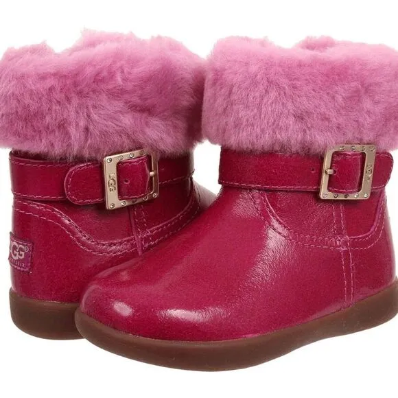 (E) UGG Australia Gemma Hot Pink Leather Fur Boots Kids Rhinestone Buckle