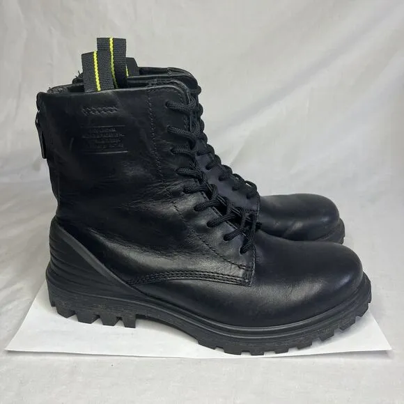Ecco Tredtray High Cut Boots Cow Leather Combat Boots Lace Up Black Women 6-6.5