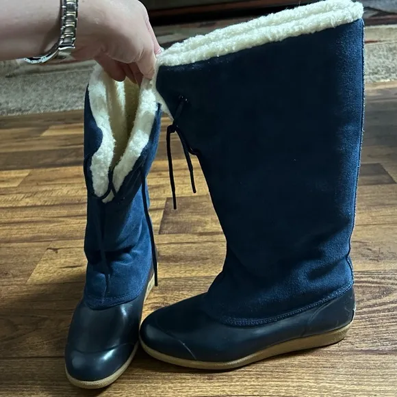 Eddie Bauer • Women • Knee High • Suede • Winter • Blue • Sz 7 • Faux Fur •Boots