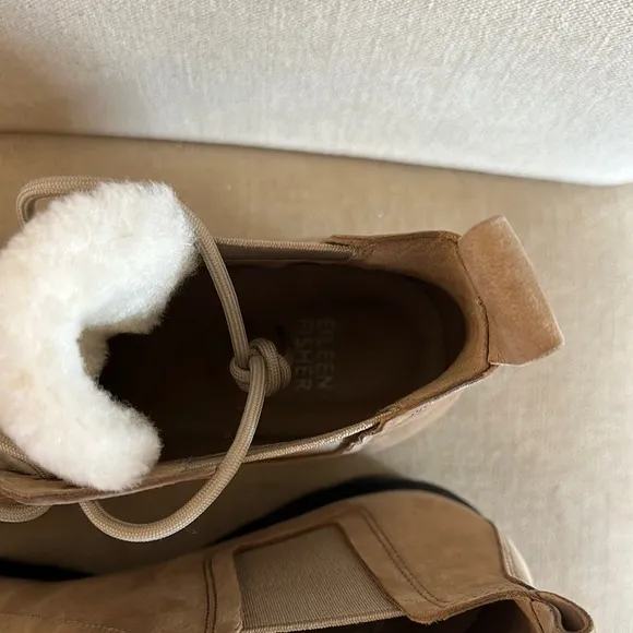Eileen Fisher Women's Suede Lace-Up Platform Ankle Boots Fur Tan Size 8.5