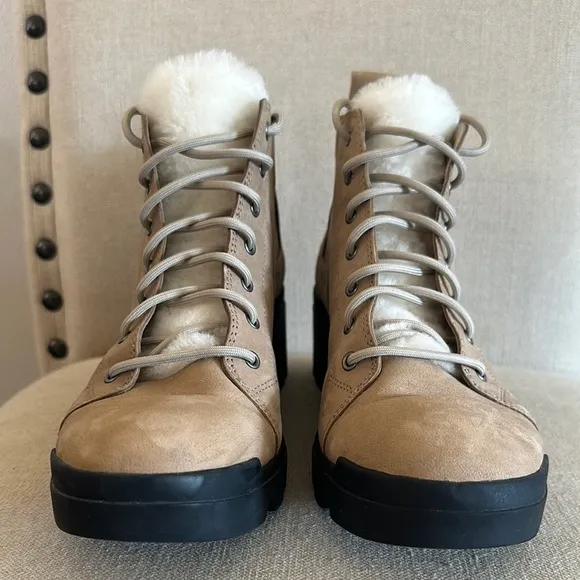 Eileen Fisher Women's Suede Lace-Up Platform Ankle Boots Fur Tan Size 8.5