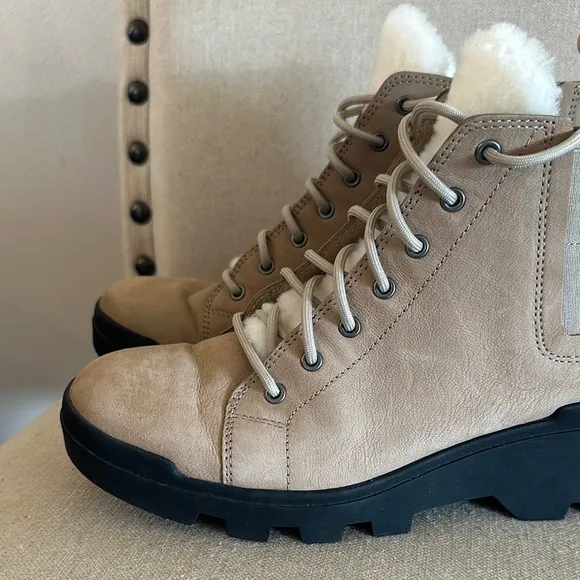 Eileen Fisher Women's Suede Lace-Up Platform Ankle Boots Fur Tan Size 8.5