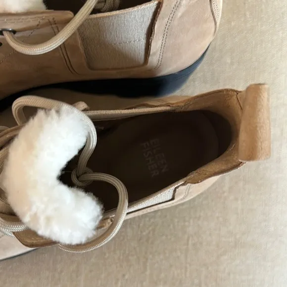 Eileen Fisher Women's Suede Lace-Up Platform Ankle Boots Fur Tan Size 8.5