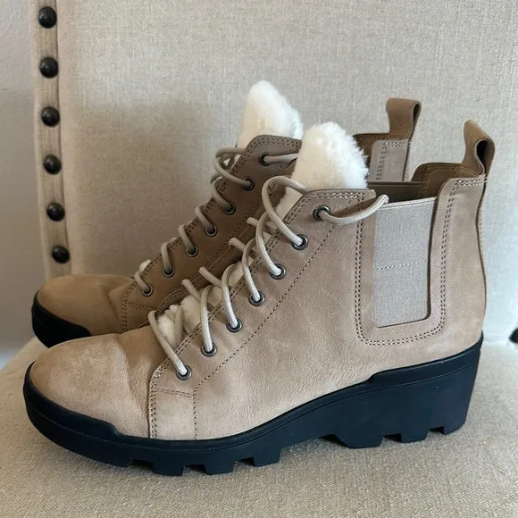 Eileen Fisher Women's Suede Lace-Up Platform Ankle Boots Fur Tan Size 8.5