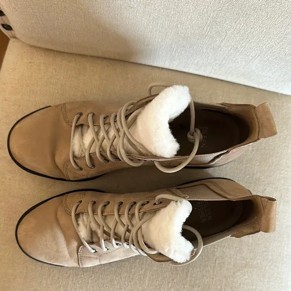 Eileen Fisher Women's Suede Lace-Up Platform Ankle Boots Fur Tan Size 8.5