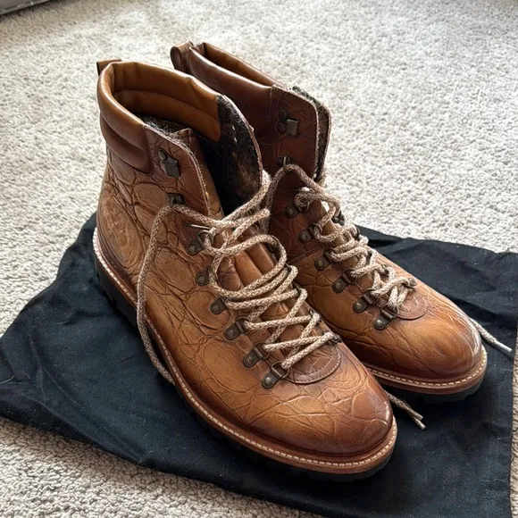 Excellent Taft Genuine Pebbled Leather Handmade Viking Boots - Fur Lining - 12
