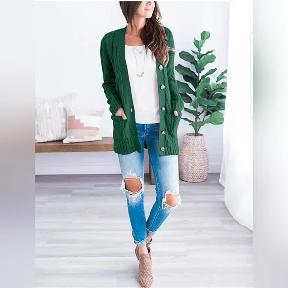💚Fall Long Sleeve Cable Knit Sweater Open Front Cardigan Button Loose Outerwear