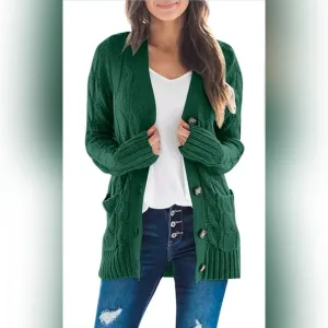 💚Fall Long Sleeve Cable Knit Sweater Open Front Cardigan Button Loose Outerwear