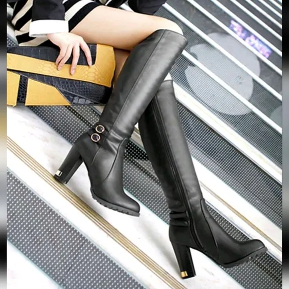 Fall/Winter Black High Heel Leather Boots Women Long Over The Knee Chunky Heel