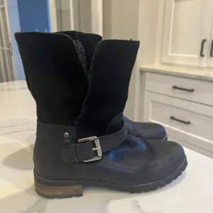Fat Face Distressed Leather Moto boots Fur Buckle Black Sz 38 US 7
