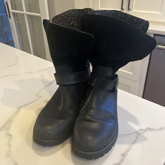 Fat Face Distressed Leather Moto boots Fur Buckle Black Sz 38 US 7