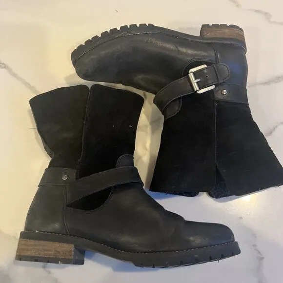 Fat Face Distressed Leather Moto boots Fur Buckle Black Sz 38 US 7