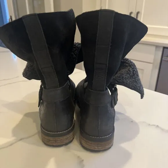 Fat Face Distressed Leather Moto boots Fur Buckle Black Sz 38 US 7