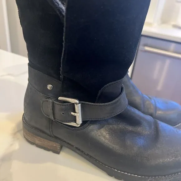 Fat Face Distressed Leather Moto boots Fur Buckle Black Sz 38 US 7
