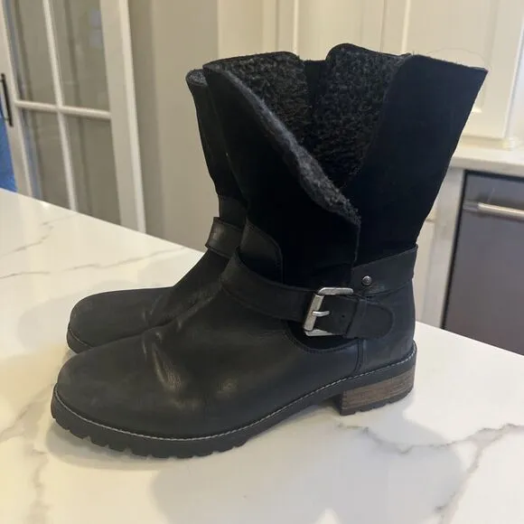 Fat Face Distressed Leather Moto boots Fur Buckle Black Sz 38 US 7