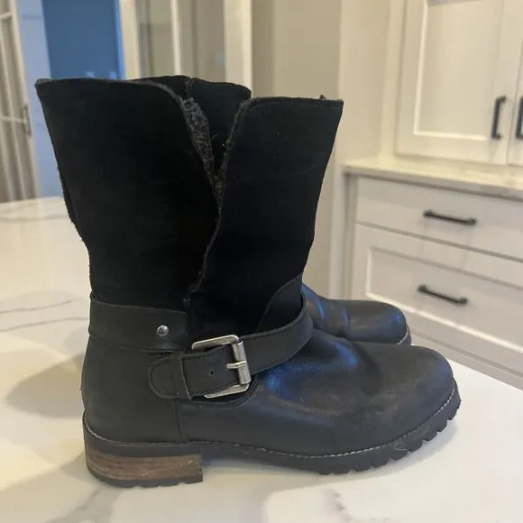 Fat Face Distressed Leather Moto boots Fur Buckle Black Sz 38 US 7