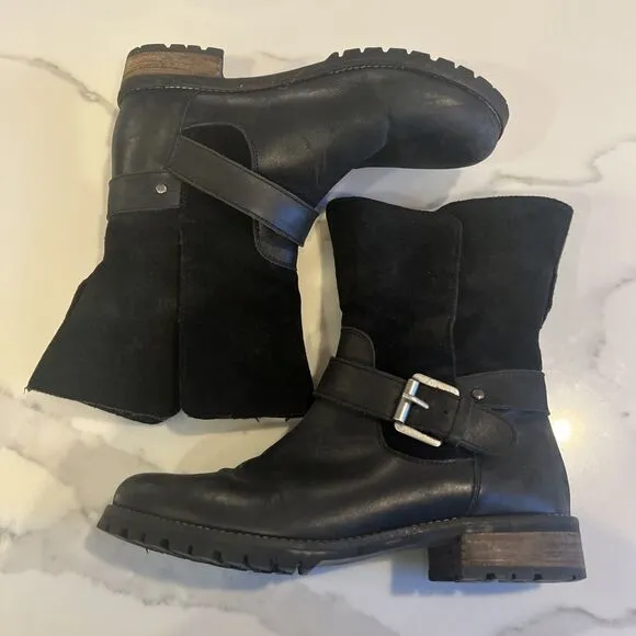 Fat Face Distressed Leather Moto boots Fur Buckle Black Sz 38 US 7
