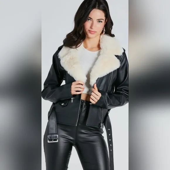 Faux Fur Trim Faux Leather Jacket