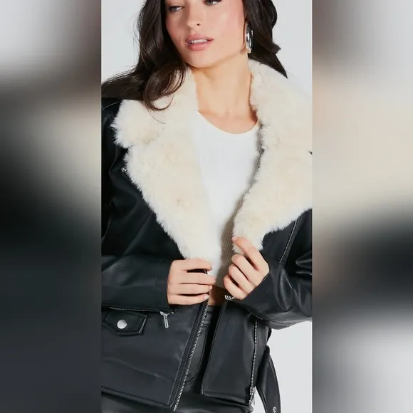 Faux Fur Trim Faux Leather Jacket
