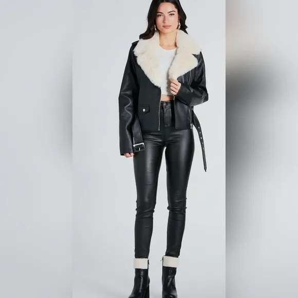 Faux Fur Trim Faux Leather Jacket