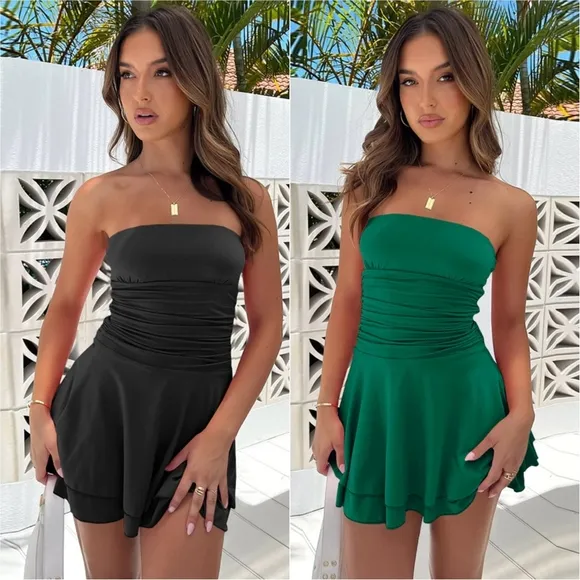 Flirty Layers Ruched Tube Dress - Green