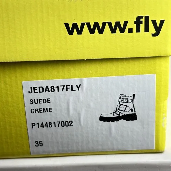 Fly London Jeda817fly Suede Leather Buckled Lug Boots Cream Women 35/4.5 NWB