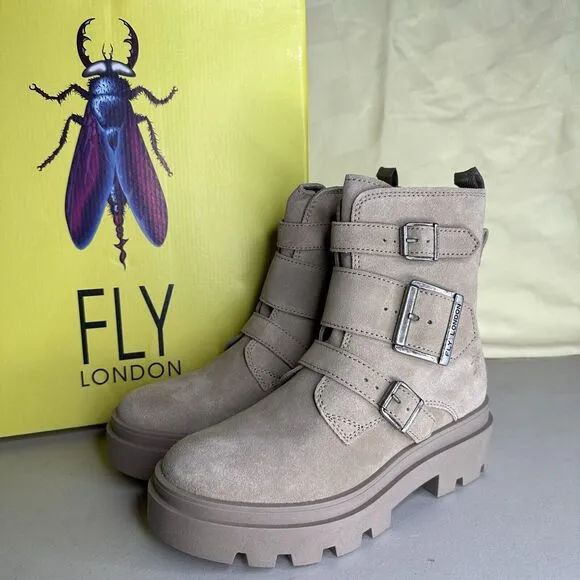 Fly London Jeda817fly Suede Leather Buckled Lug Boots Cream Women 35/4.5 NWB