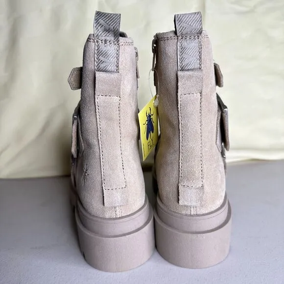 Fly London Jeda817fly Suede Leather Buckled Lug Boots Cream Women 35/4.5 NWB