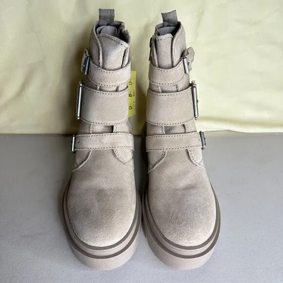 Fly London Jeda817fly Suede Leather Buckled Lug Boots Cream Women 35/4.5 NWB
