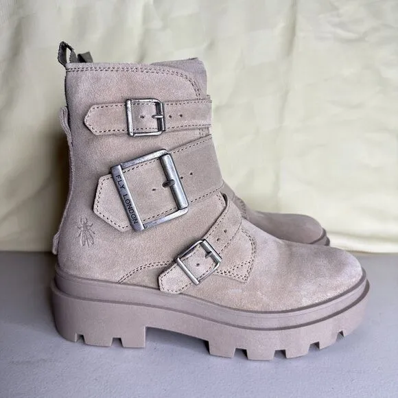 Fly London Jeda817fly Suede Leather Buckled Lug Boots Cream Women 35/4.5 NWB