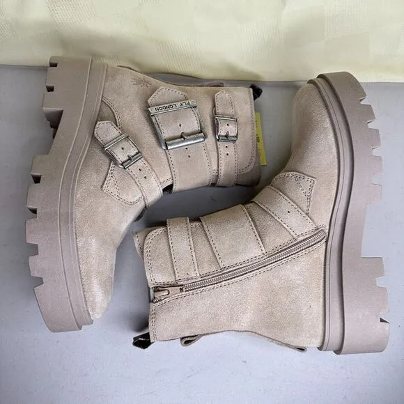 Fly London Jeda817fly Suede Leather Buckled Lug Boots Cream Women 35/4.5 NWB