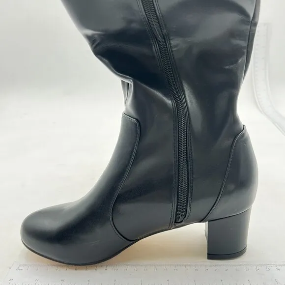 FOWT Black Pointed Toe Knee High Boots Chunky Heel Riding Boots Side Zipper Shoe