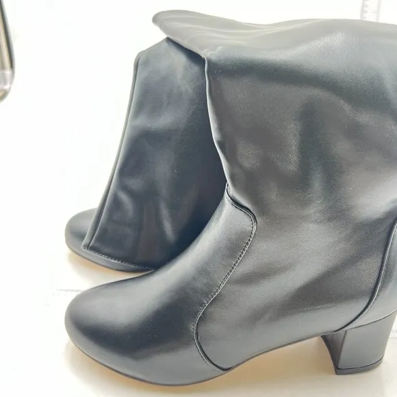 FOWT Black Pointed Toe Knee High Boots Chunky Heel Riding Boots Side Zipper Shoe