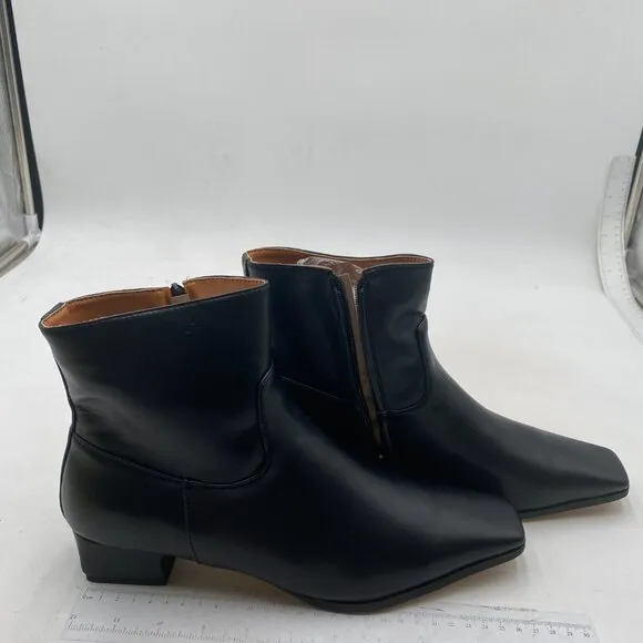 FOWT Women Square Toe Side Zipper Ankle Boot Block Low Heel Short Boots Black