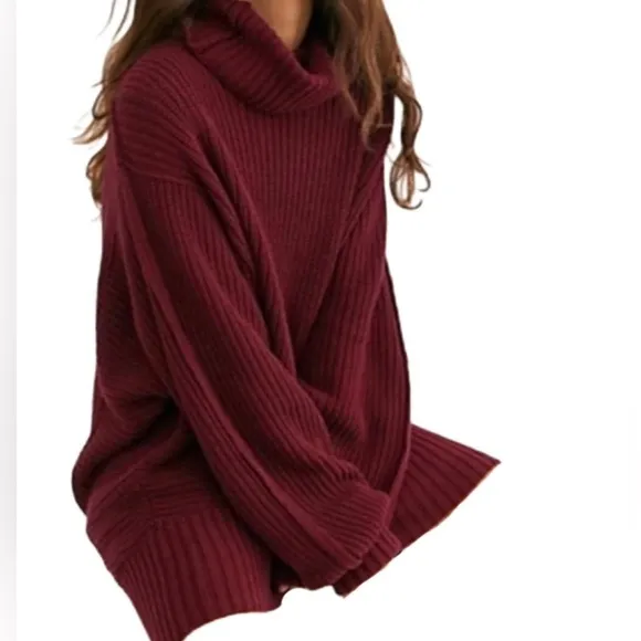 Free People Burgundy Oversize Knit Turtleneck Cowl Neck Sweater Dress Size Large